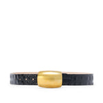 Black crocodile skin belt with a gold buckle
