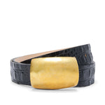 Black crocodile skin belt with a gold buckle