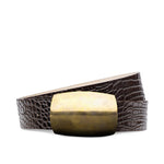 Belt with a brown crocodile textured strap and gold buckle
