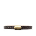 Belt with a brown crocodile textured strap and gold buckle