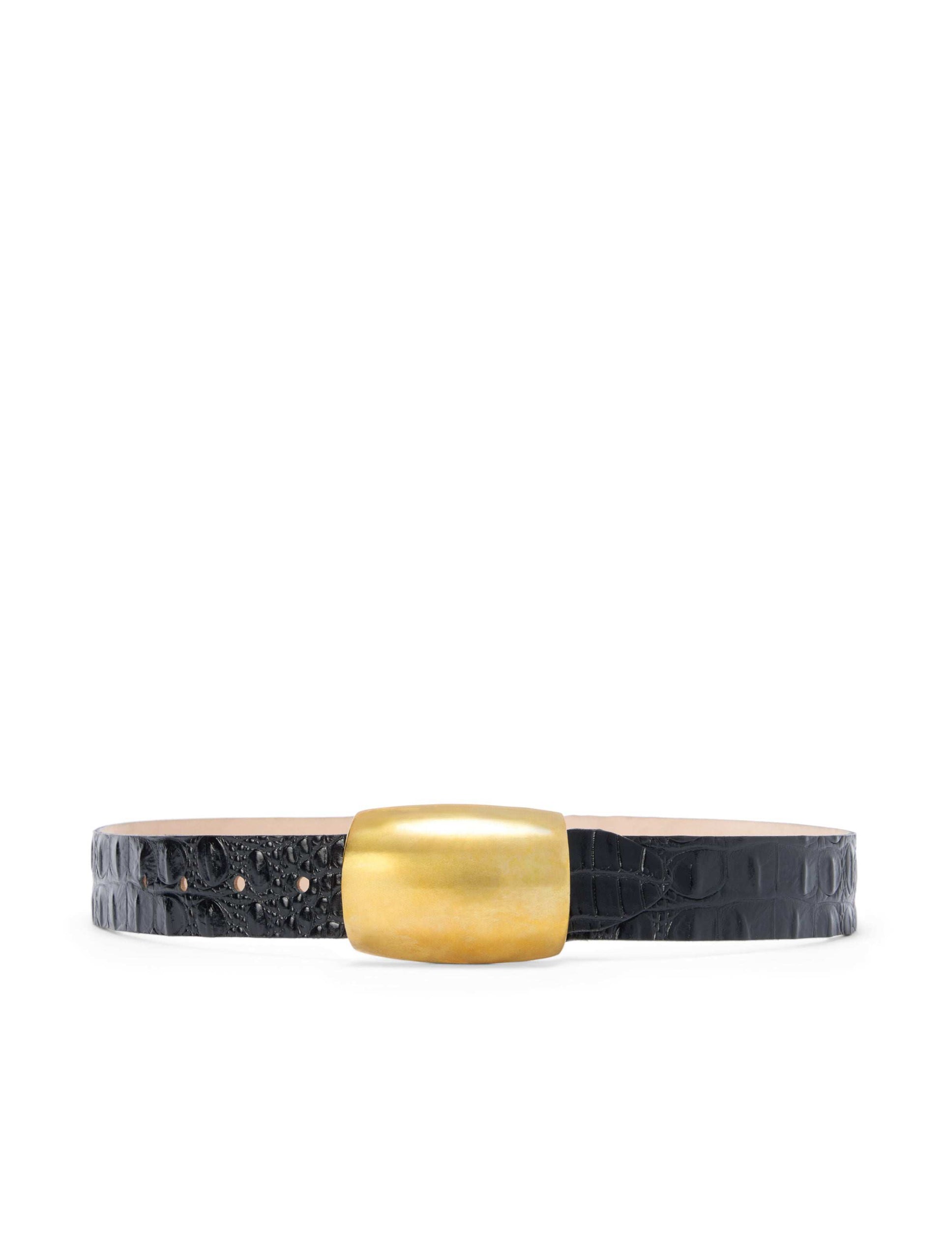 Black crocodile skin belt with a gold buckle