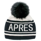 Black White Apres Ski Knit Beanie with Fox Fur Pom Pom