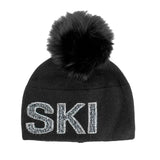 Black Knit Ski Beanie with Crystals & Fox Fur Pom Pom