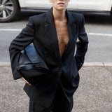 Split Back Blazer Black Pinstripe