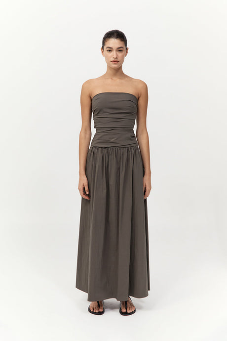 Gathered Strapless Tie Back Dress Khaki