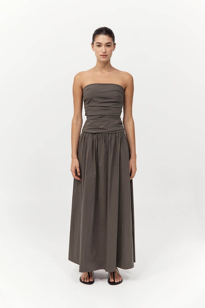 Gathered Strapless Tie Back Dress Khaki