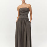Gathered Strapless Tie Back Dress Khaki
