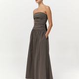 Gathered Strapless Tie Back Dress Khaki