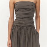 Gathered Strapless Tie Back Dress Khaki