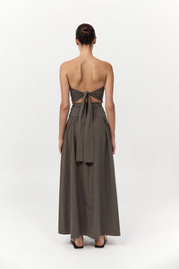 Gathered Strapless Tie Back Dress Khaki