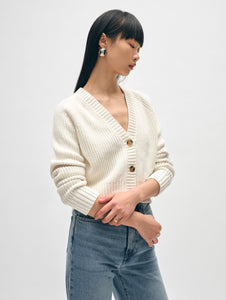 Ribbed Button Cardigan White