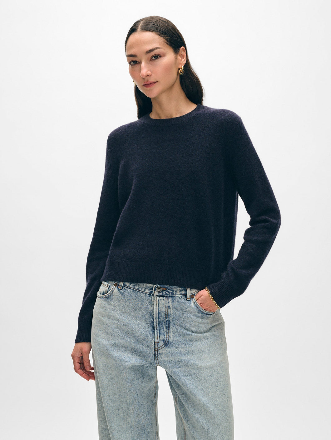 Cashmere Rib Trim Crewneck Deep Navy