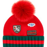 Red Knit Ski Logo Beanie with Fox Fur Pom Pom