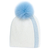 White Blue Beanie with Racer Stripe & Fox Fur Pom Pom