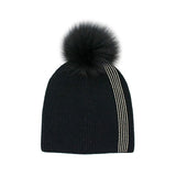 Black Beanie with Crystal Stripes & Fox Fur Pom Pom