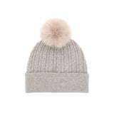 Taupe Cable Knit Beanie with Fox Fur Pom Pom