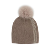 Taupe Beanie with Crystal Stripe & Fox Fur Pom Pom