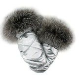 Silver Nylon Mittens Black Fox Trim