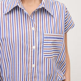 Balloon-Effect Shirt Top Blue Brown Stripe