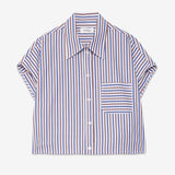Balloon-Effect Shirt Top Blue Brown Stripe