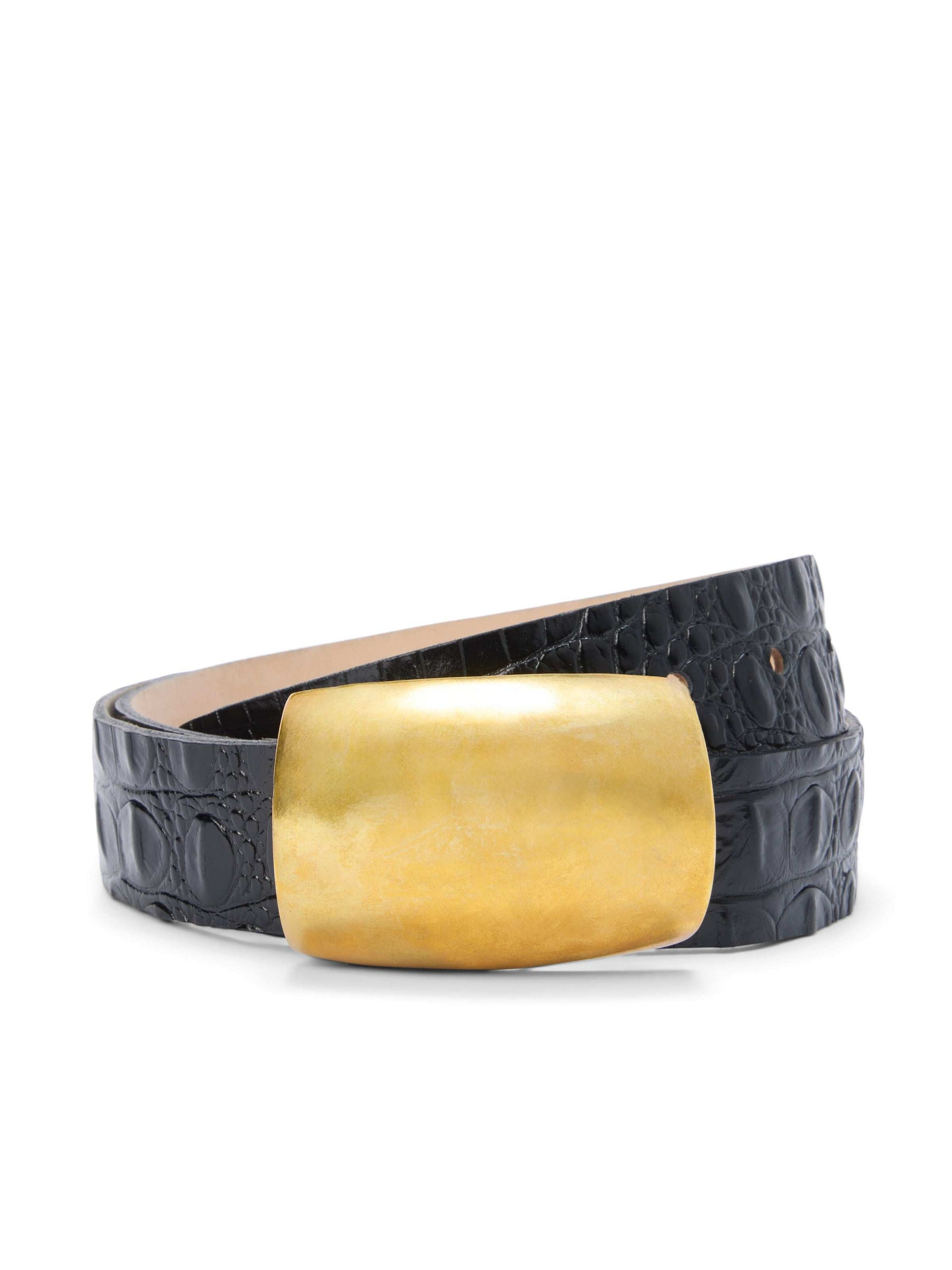 Black crocodile skin belt with a gold buckle