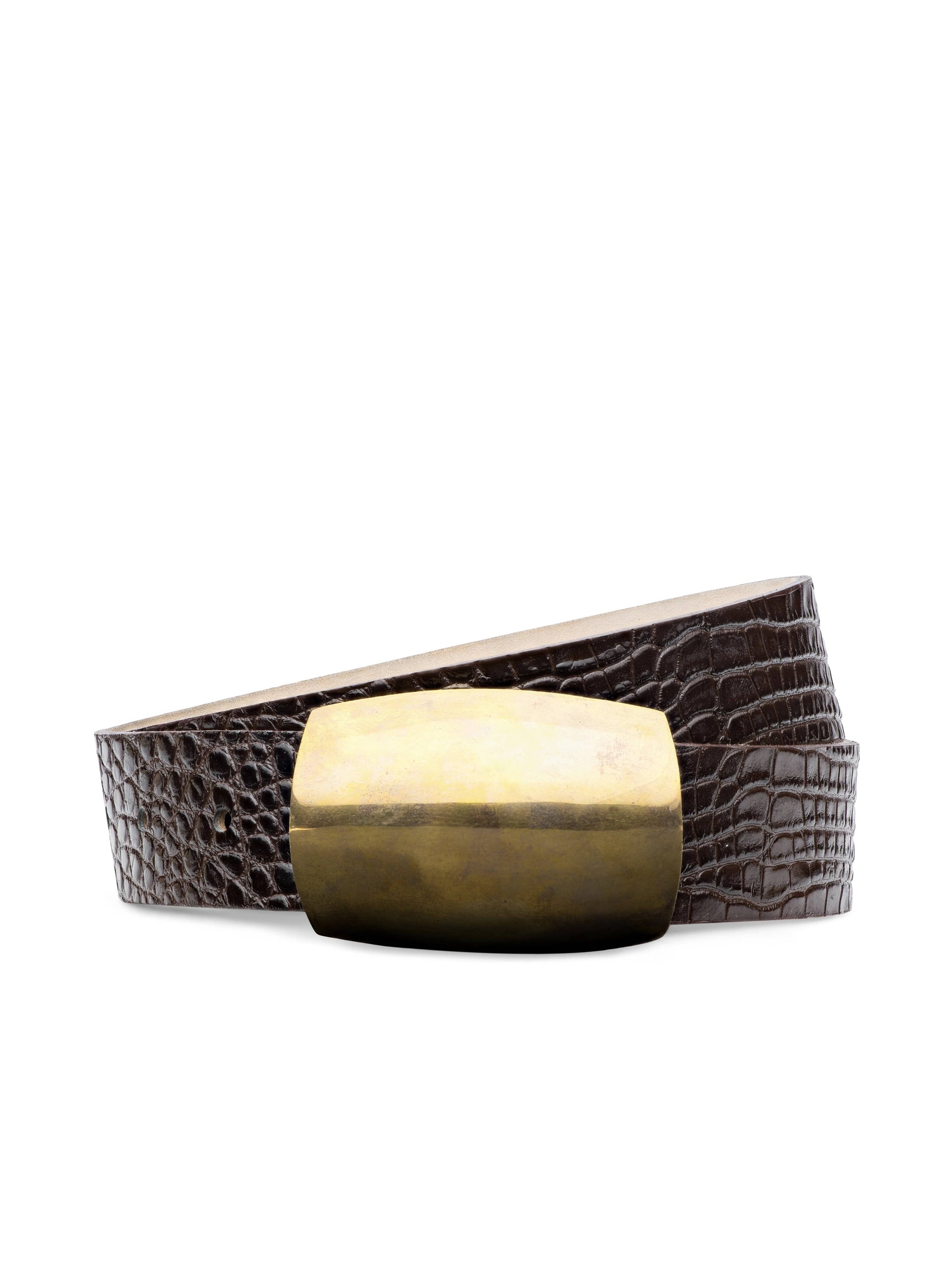 Belt with a brown crocodile textured strap and gold buckle 