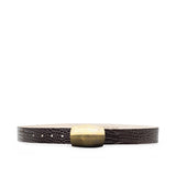 Belt with a brown crocodile textured strap and gold buckle 
