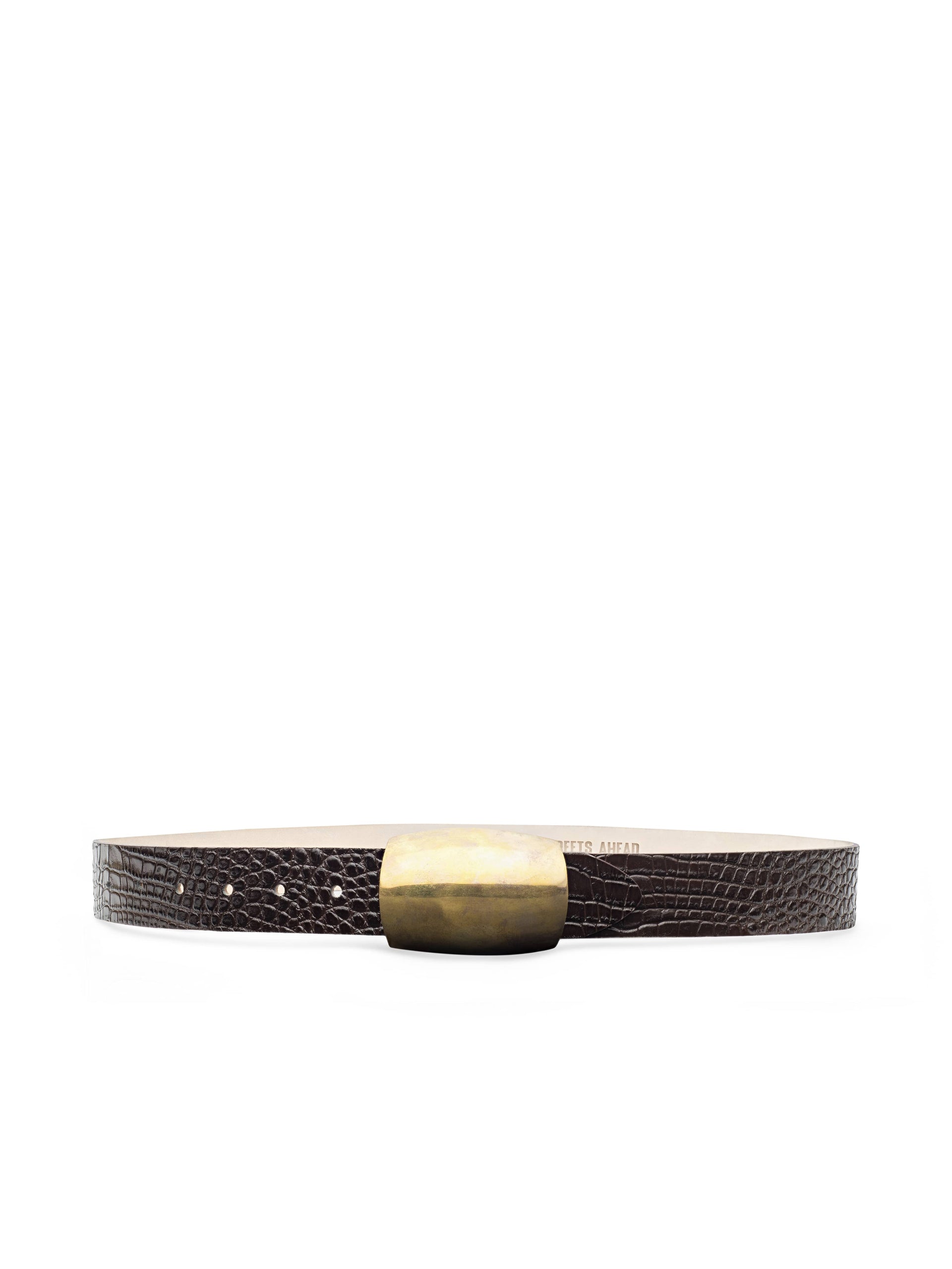 Belt with a brown crocodile textured strap and gold buckle 