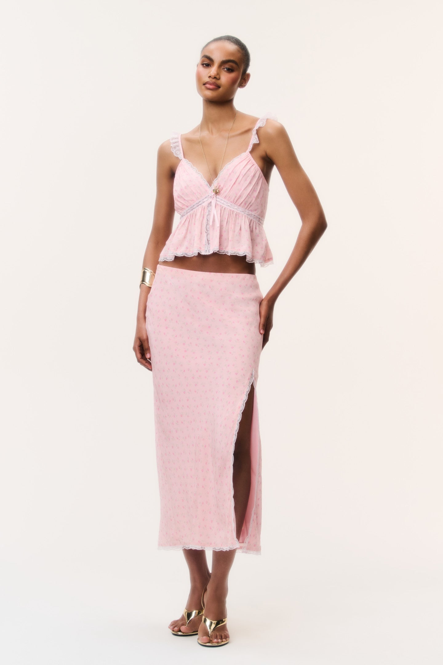 LoveShackFancy Silvia Floral Crepe Midi Skirt Lemon Haze