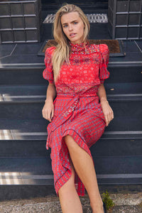 Langley Dress Essex Block Border Red