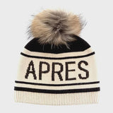 Beige Apres Ski Knit Beanie with Fox Fur Pom Pom