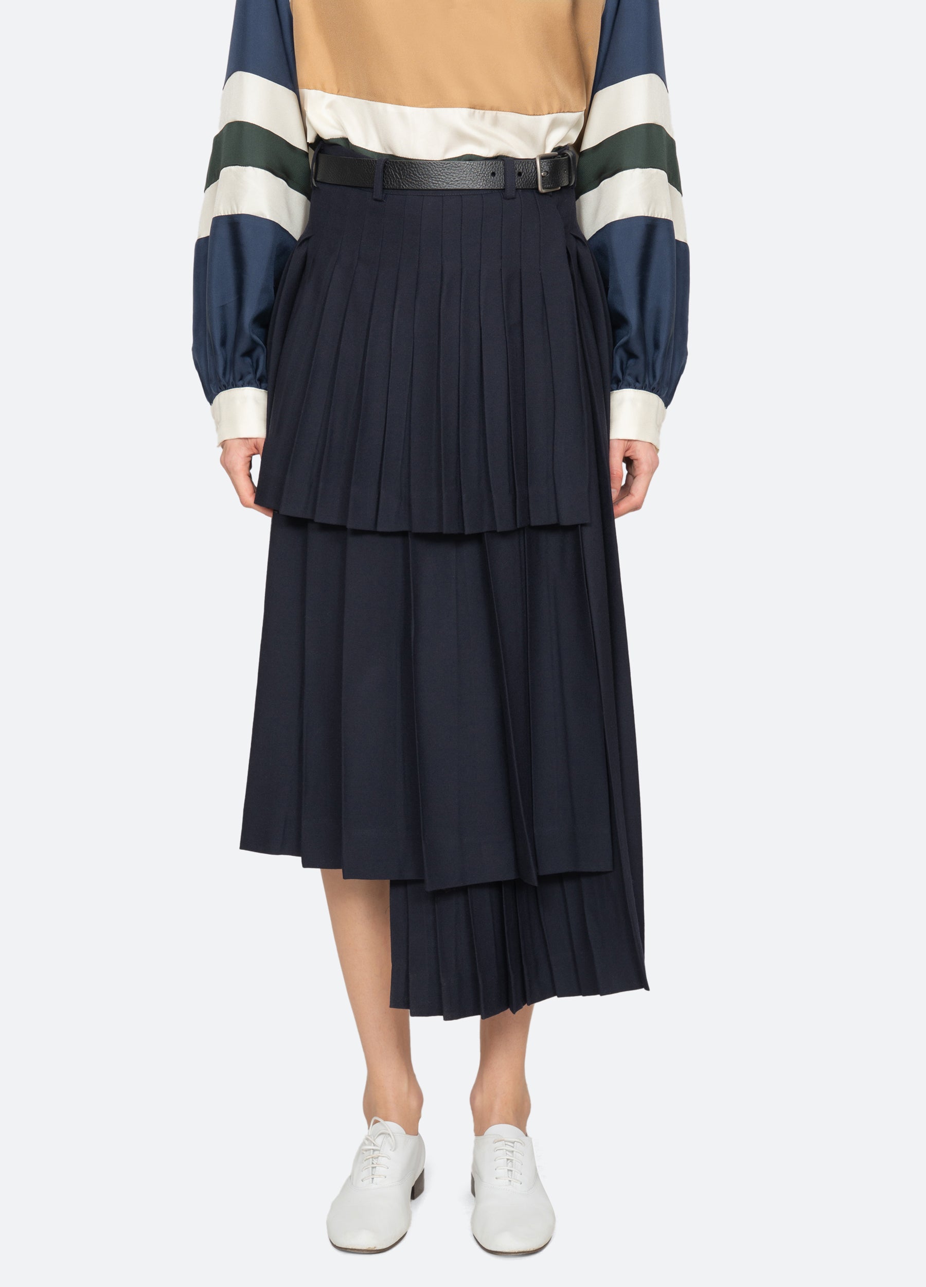 Sea NY Taliyah Suiting Pleated Midi Skirt Navy front