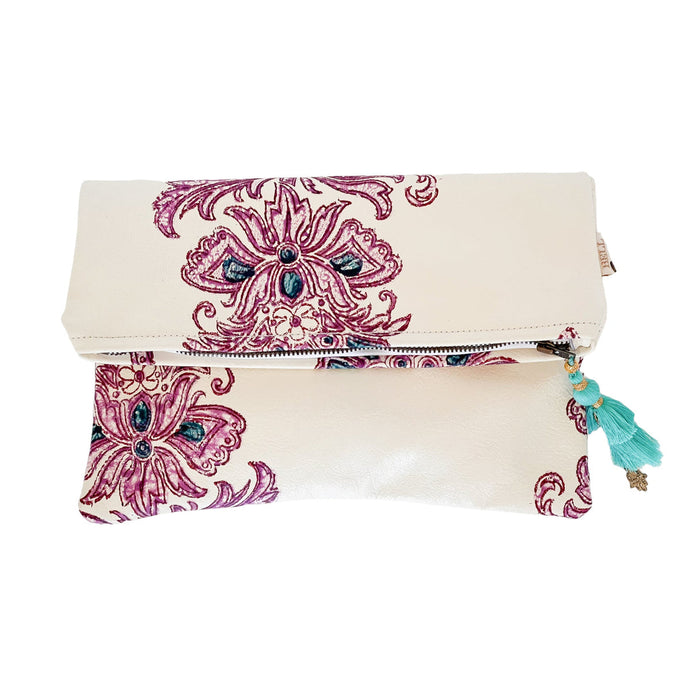 Purple Flower Leather Foldover Pouch