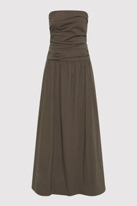 Gathered Strapless Tie Back Dress Khaki