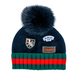 Navy Knit Ski Logo Beanie with Fox Fur Pom Pom