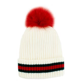 White Knit Beanie with Stripe & Fox Fur Pom Pom