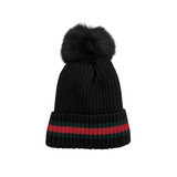 Black Knit Beanie with Stripe & Fox Fur Pom Pom