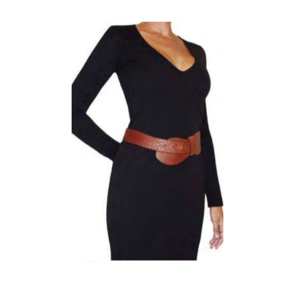 Woman wearing a black dress with a wide red-brown belt 
