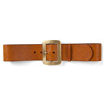 Light brown leather belt with a brass buckle