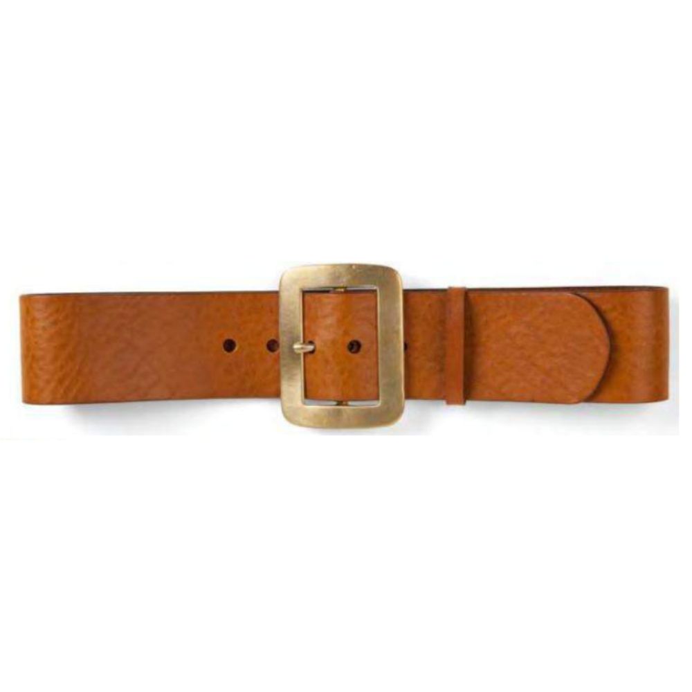 Light brown leather belt with a brass buckle