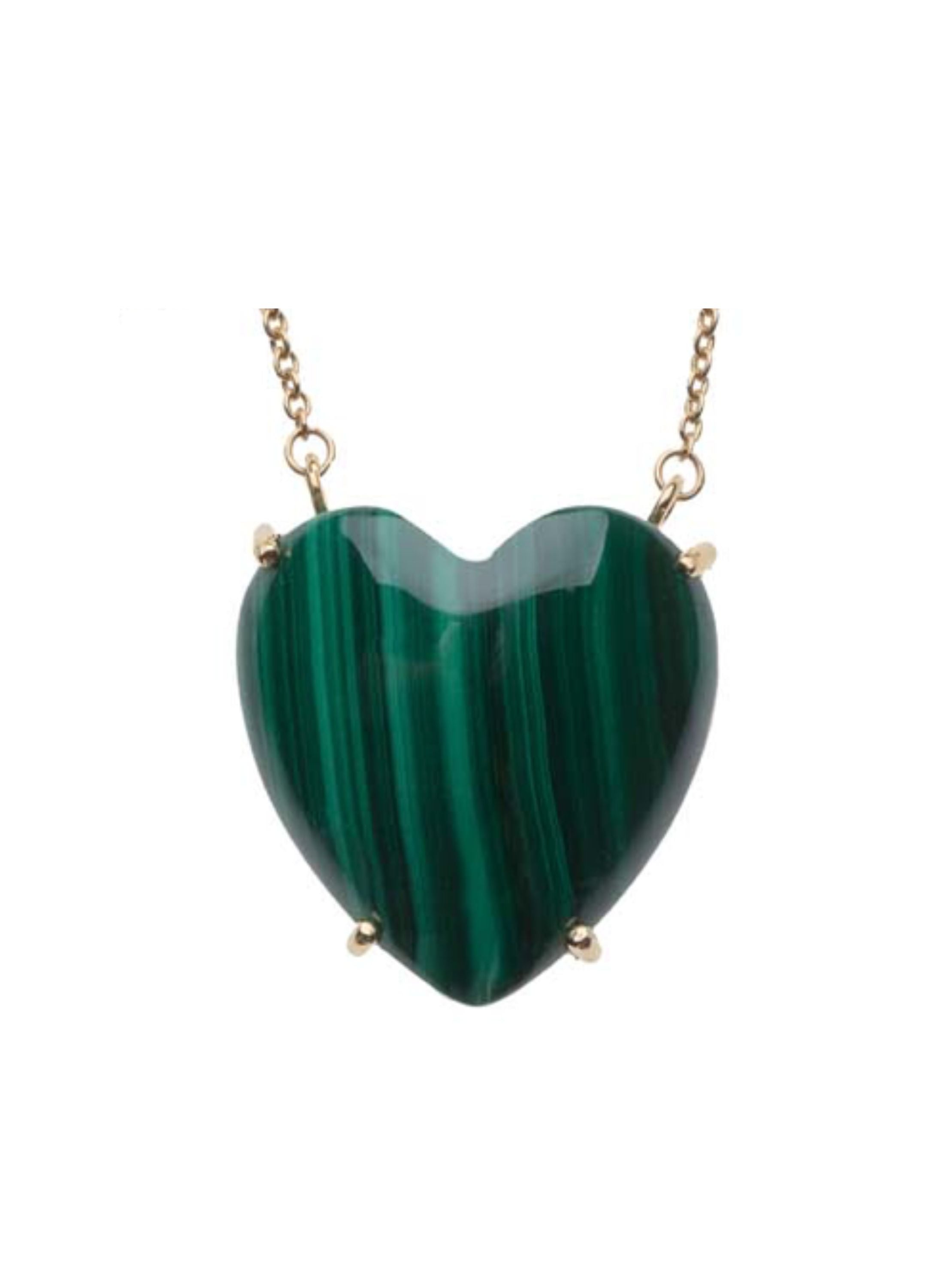 Heart-shaped green malachite pendant on a gold chain necklace
