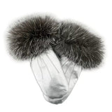 Silver Metallic Leather Mittens Fur Trim