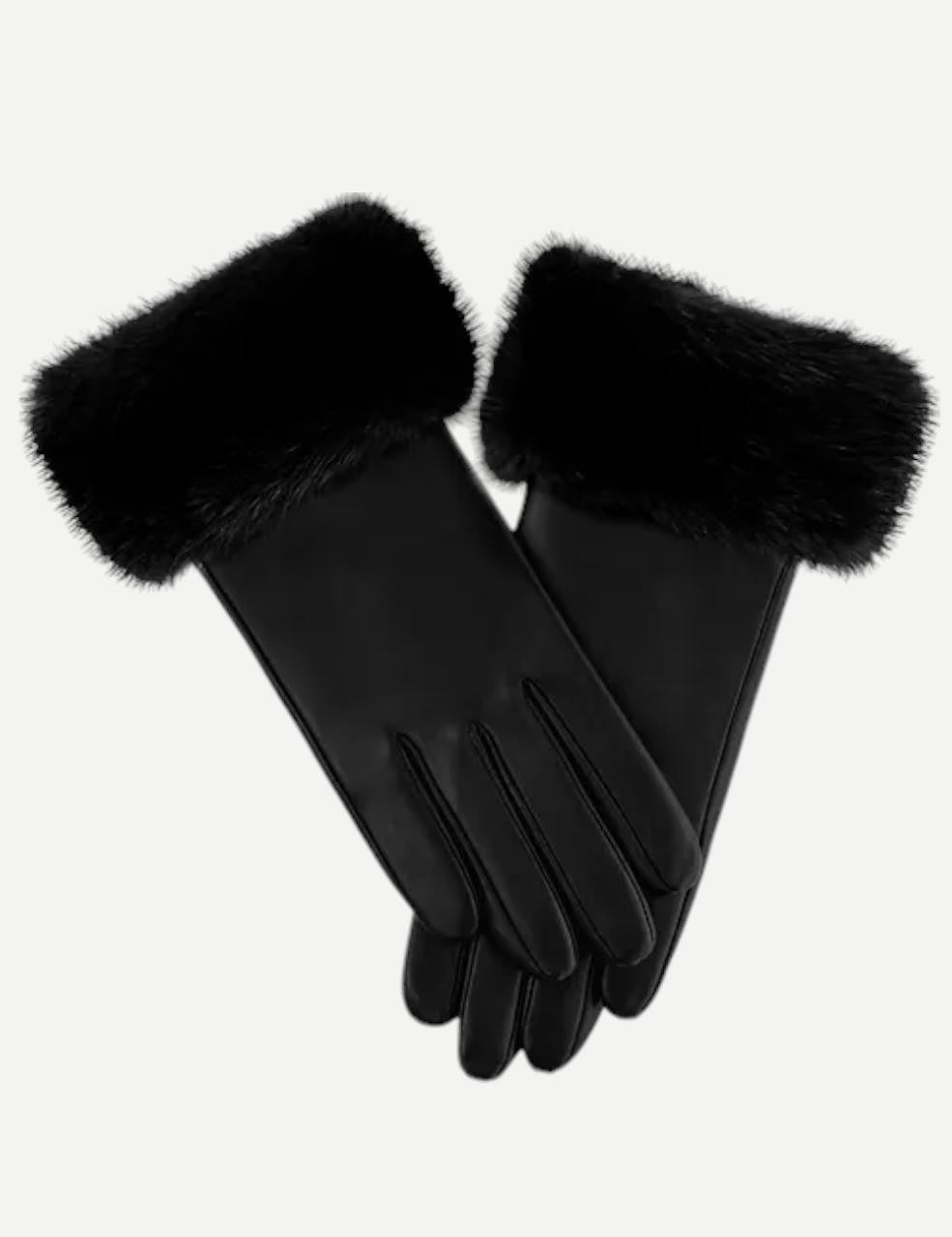 Black Leather Gloves With Black Mink Fur Trim