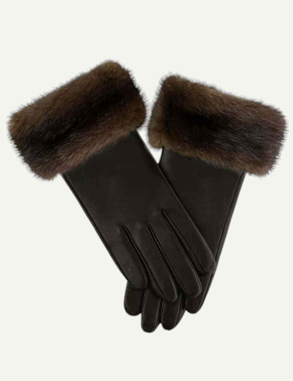 Brown Leather Gloves With Mahogany Mink Fur Trim